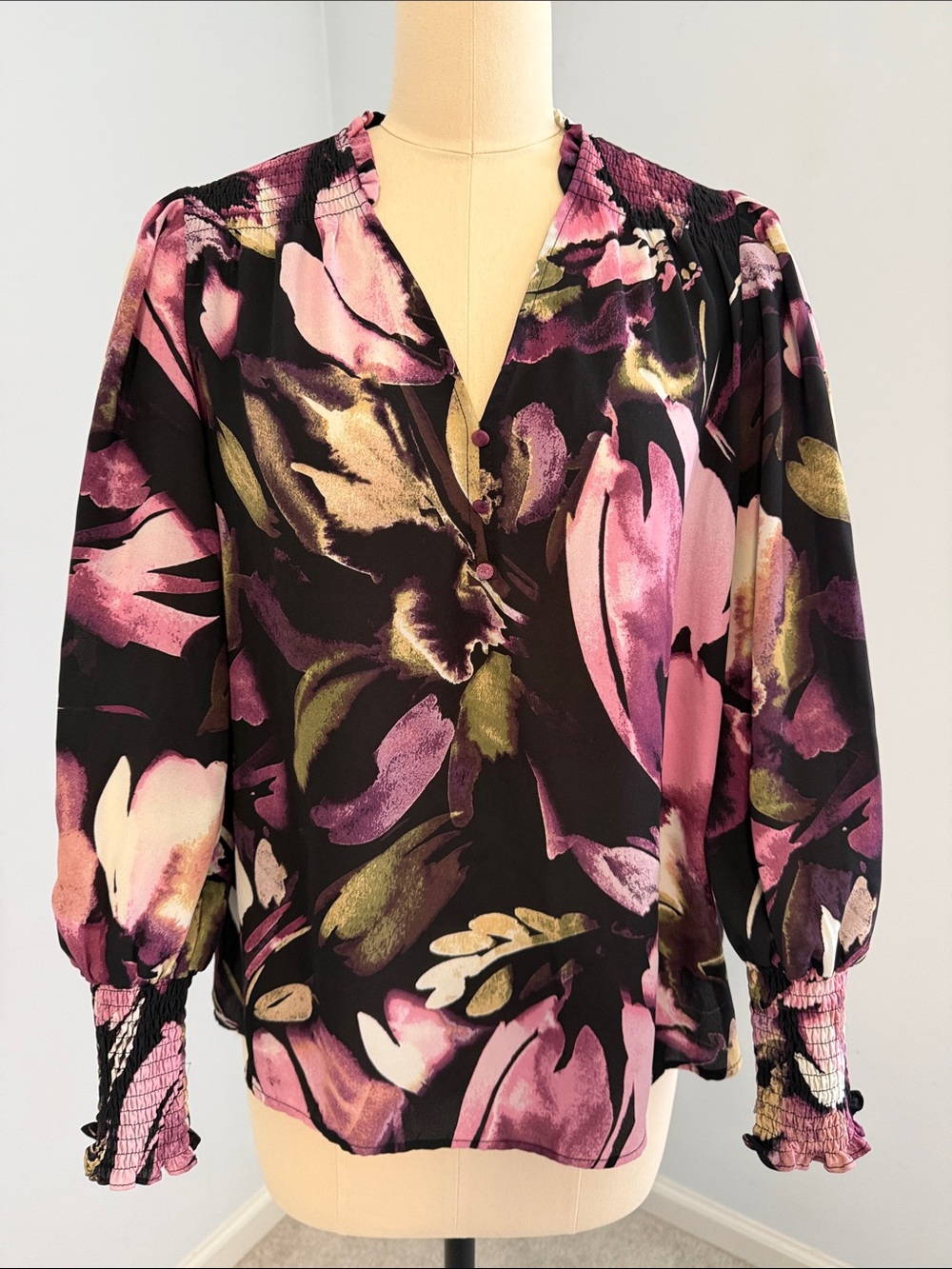 Zac & Rachel Black Blouse with Pink and Olive Floral Print SZM